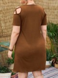 Plus Size Brown Keyhole O-Neck Short Sleeves Mini Dress