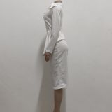 White Knotted Long Sleeves Ruffle Midi Office Dress