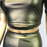 Green PU Leather Turtleneck Short Sleeves Crop Top and Stacked Pants 2PCS Set