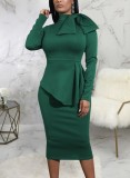 Green Knotted Long Sleeves Ruffle Midi Office Dress