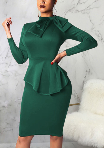 Green Knotted Long Sleeves Ruffle Midi Office Dress