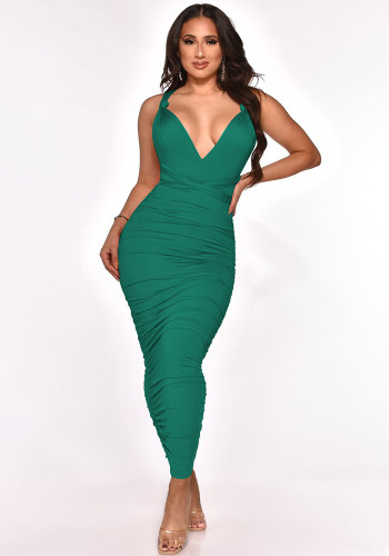 Green Halter Sleeveless Ruched Lace Up Fitted Long Dress