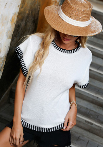 White Kintted O-Neck Ruffle Short Sleeves Top