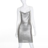 Shiny Silver Chains Sleeveless Backless Bodycon Mini Dress