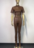Brown PU Leather Turtleneck Short Sleeves Crop Top and Stacked Pants 2PCS Set