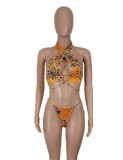 Print Orange O-Ring Halter Bikini Two Piece Set