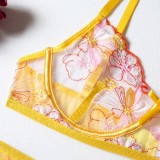 Yellow Floral Lace Underwear Cami Bra Garter Lingerie 3PCS Set