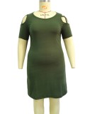 Plus Size Green Keyhole O-Neck Short Sleeves Mini Dress