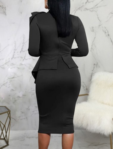 Black Knotted Long Sleeves Ruffle Midi Office Dress