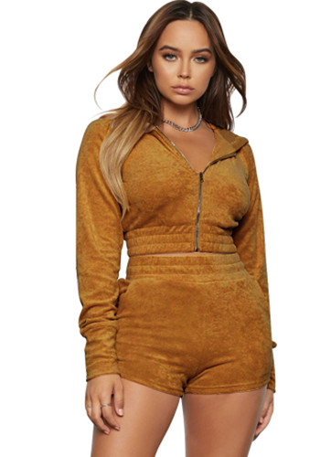 Brown Velvet Zip Long Sleeve Hoody Crop Top and Shorts 2PCS Set