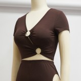 Brown V-Neck Short Sleeves O-Ring Crop Top and Keyhole Tight Pants 2PCS Set