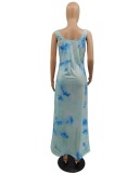 Lt-Blue Print U-Neck Sleeveless Maxi Tank Dress