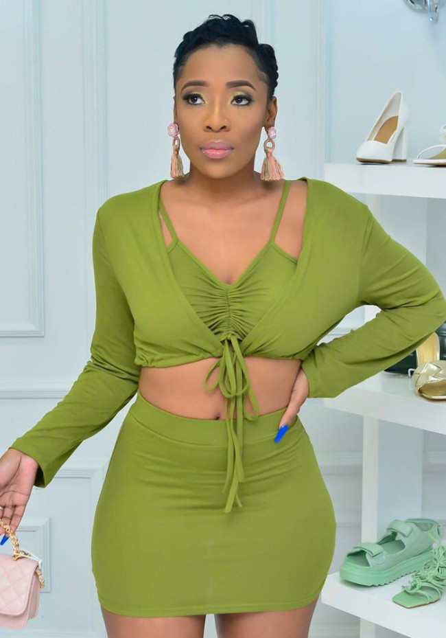 Green Long Sleeves Crop Top and Cami Bra with Fitted Mini Skirt 3PCS Set