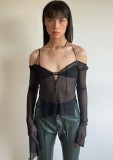 Black Mesh See Through Off Shoulder Wrist Sleeves Slit Sheer Tops