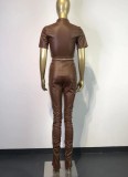 Brown PU Leather Turtleneck Short Sleeves Crop Top and Stacked Pants 2PCS Set