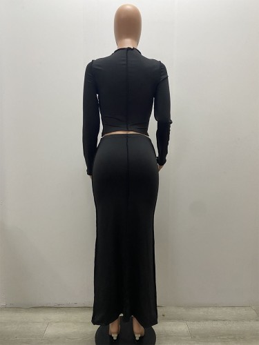 Black O-Neck Long Sleeves Top and Long Pencil Skirt 2PCS Set