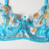 Blue Floral Lace Underwear Cami Bra Garter Lingerie 3PCS Set