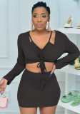 Black Long Sleeves Crop Top and Cami Bra with Fitted Mini Skirt 3PCS Set