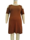 Plus Size Brown Keyhole O-Neck Short Sleeves Mini Dress