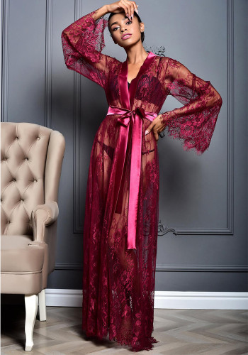 Purple Lace See Through Long Sleeves Long Robe Nightgowns