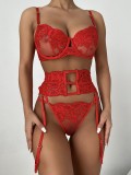 Red Floral Lace Underwear Cami Bra Garter Lingerie 3PCS Set