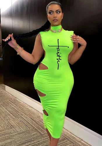 Letter Print Green Keyhole Turtleneck Sleeveless Fitted Long Dress