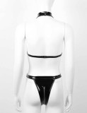 Black PU Leather Hollow Out Halter High Cut Teddy Lingerie