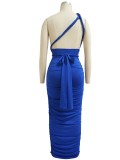 Blue Halter Sleeveless Ruched Lace Up Fitted Long Dress