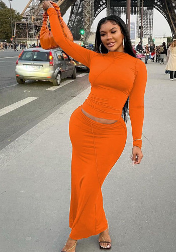 Orange O-Neck Long Sleeves Top and Long Pencil Skirt 2PCS Set