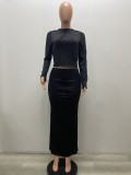 Black O-Neck Long Sleeves Top and Long Pencil Skirt 2PCS Set