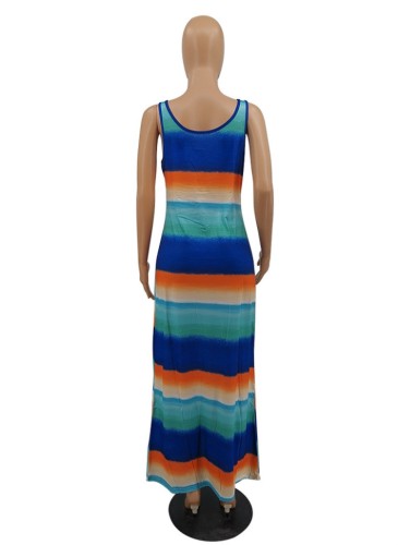 Stripes Print U-Neck Sleeveless Maxi Tank Dress