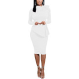White Knotted Long Sleeves Ruffle Midi Office Dress