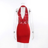 Elegant Red Deep-V Halter Sleeveless Backless Mini Bodycon Dress