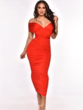 Orange Cami Sleeveless Ruched Lace Up Fitted Long Dress