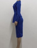 Blue Knotted Long Sleeves Ruffle Midi Office Dress