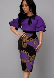 Retro Print Purple Knotted Short Sleeves Ruffle Midi Dress