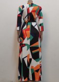 Multicolor Geometric Print V-Neck 3/4 Sleeves Maxi Dress with Belt