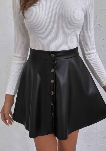 Black PU Leather High Waist Button Up A-Line Mini Skater Skirts