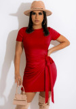 Red Modest Knotted O-Neck Short Sleeves Mini Shirt Dress