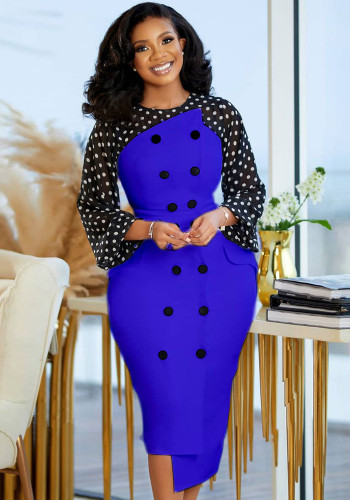 Dot Print Blue Double-Breasted O-Neck Long Sleeves Irregular Midi Dress
