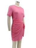 Pink Modest Knotted O-Neck Short Sleeves Mini Shirt Dress