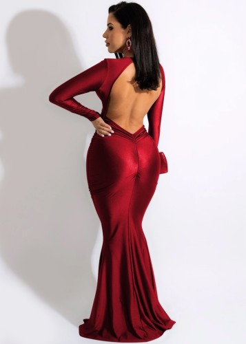Red Silk V-Neck Long Sleeves Backless Fitted Mermaid Maxi Dress