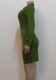 Green Turndown Collar Long Sleeves Zip Up Skinny Mini Dress