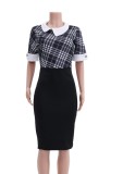 Plaid Print Black Turndown Collar Short Sleeves Tight Midi Dress