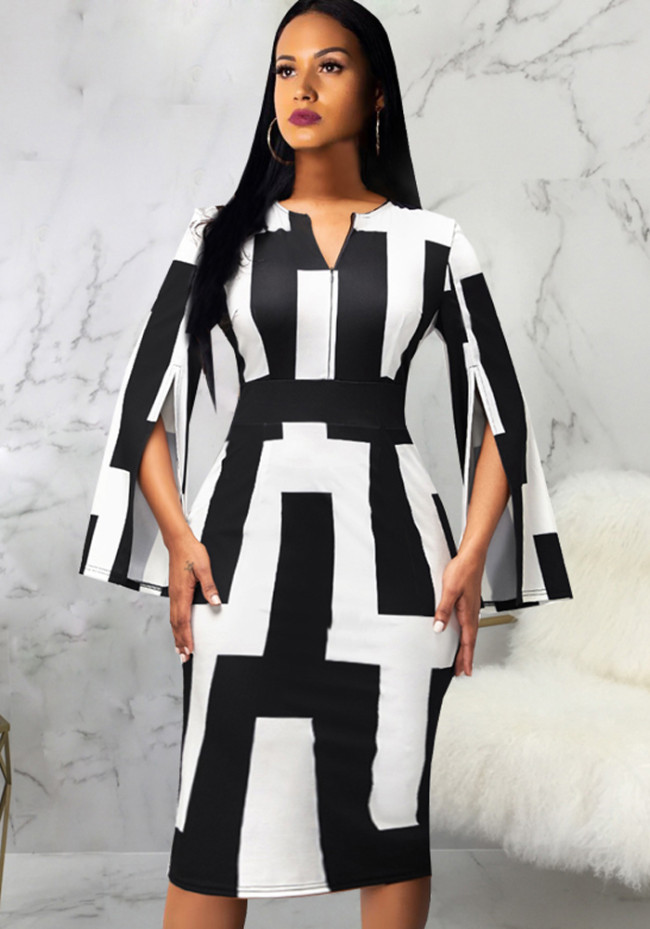 Black and White Contrast O-Neck Long Sleeves Midi Dress