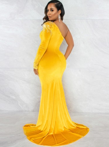 Yellow Beaded Velvet Mesh Patched One Shoulder Single Sleeves Maxi Dress