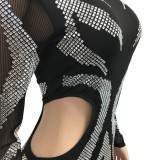 Black Beaded Mesh Patched Keyhole Turtleneck Long Sleeves Mini Dress