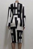 Black and White Contrast O-Neck Long Sleeves Midi Dress