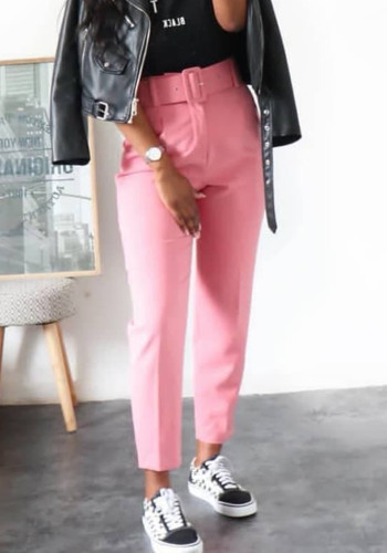 Pink Straight High Waist Belte Pants with Pocket