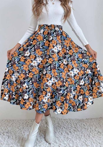 Floral Print High Waist Elasticated A-Line Long Skirts